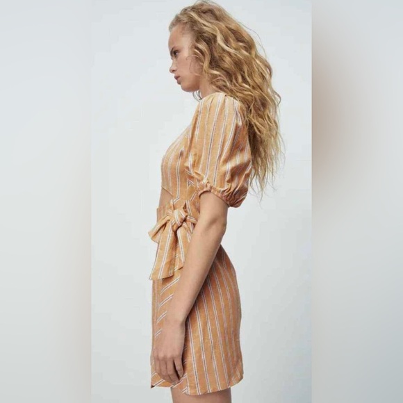 Zara linen mini dress puff sleeves square neckline XS - Picture 4 of 12